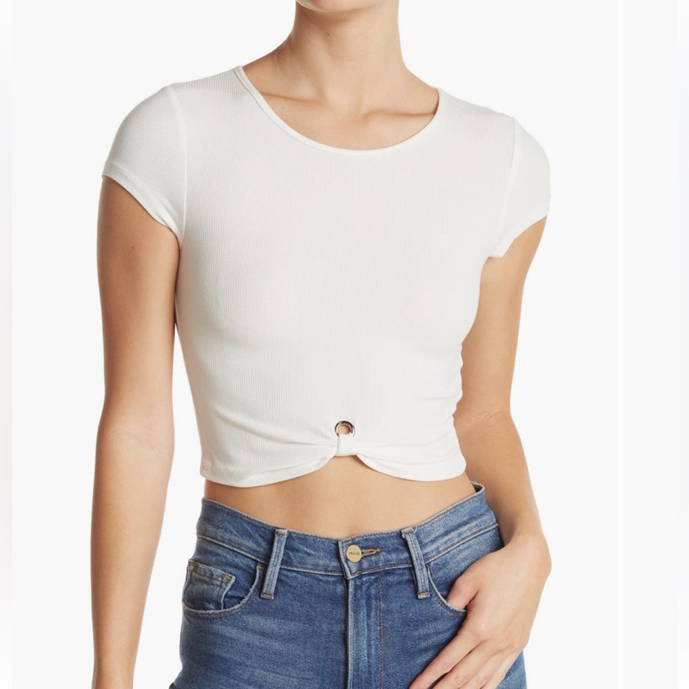 Elodie NORDSTROM Front Knot Short Sleeve White Ribbed Knit Cropped Bow Tuck Top